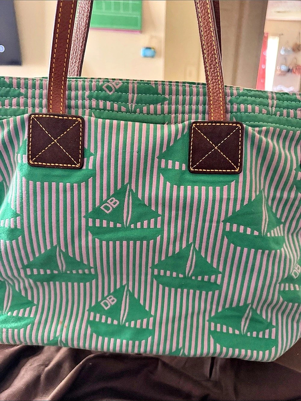 Dooney & Bourke Striped Tote in Green & Pink